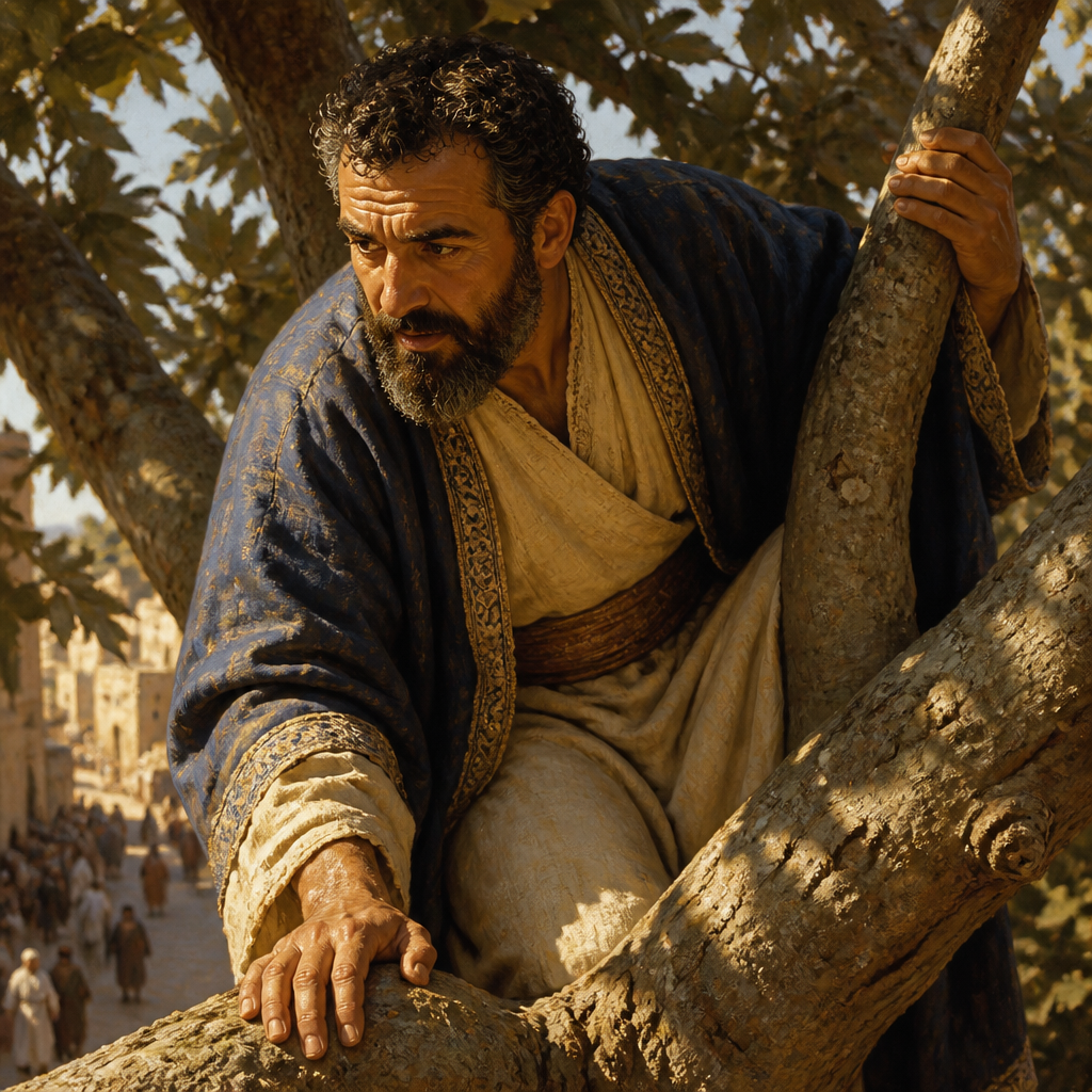 Oil-painting style portrait of Zacchaeus, Chief tax collector who climbed a sycamore tree to see Jesus