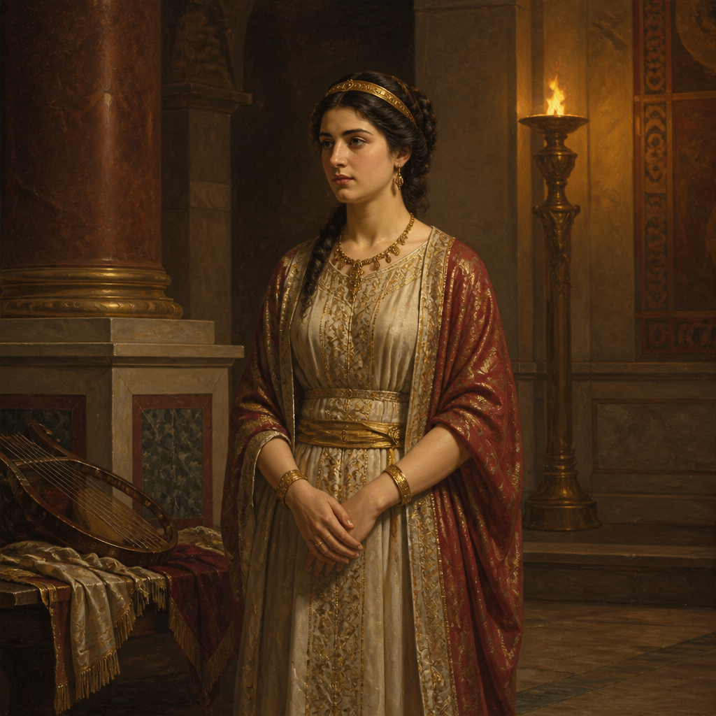 Oil-painting style portrait of Salome, daughter of Herodias, standing in a torchlit palace hall