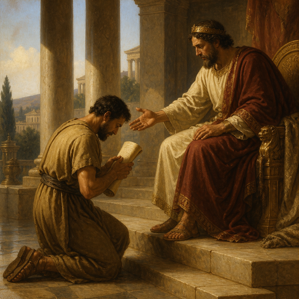 Oil-painting style illustration of the Unmerciful Servant kneeling before the king as his debt is forgiven