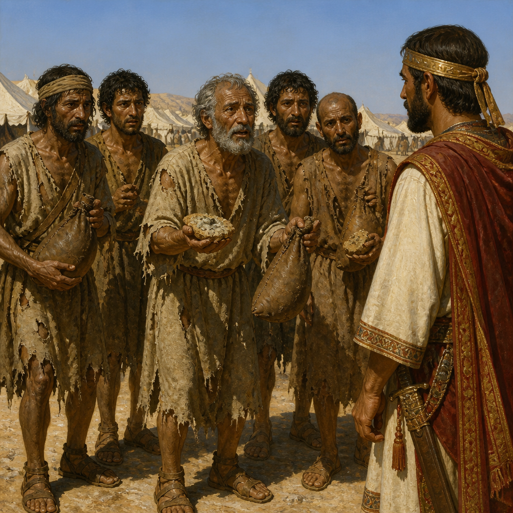 Oil-painting style scene of The Gibeonites, figures from the Bible
