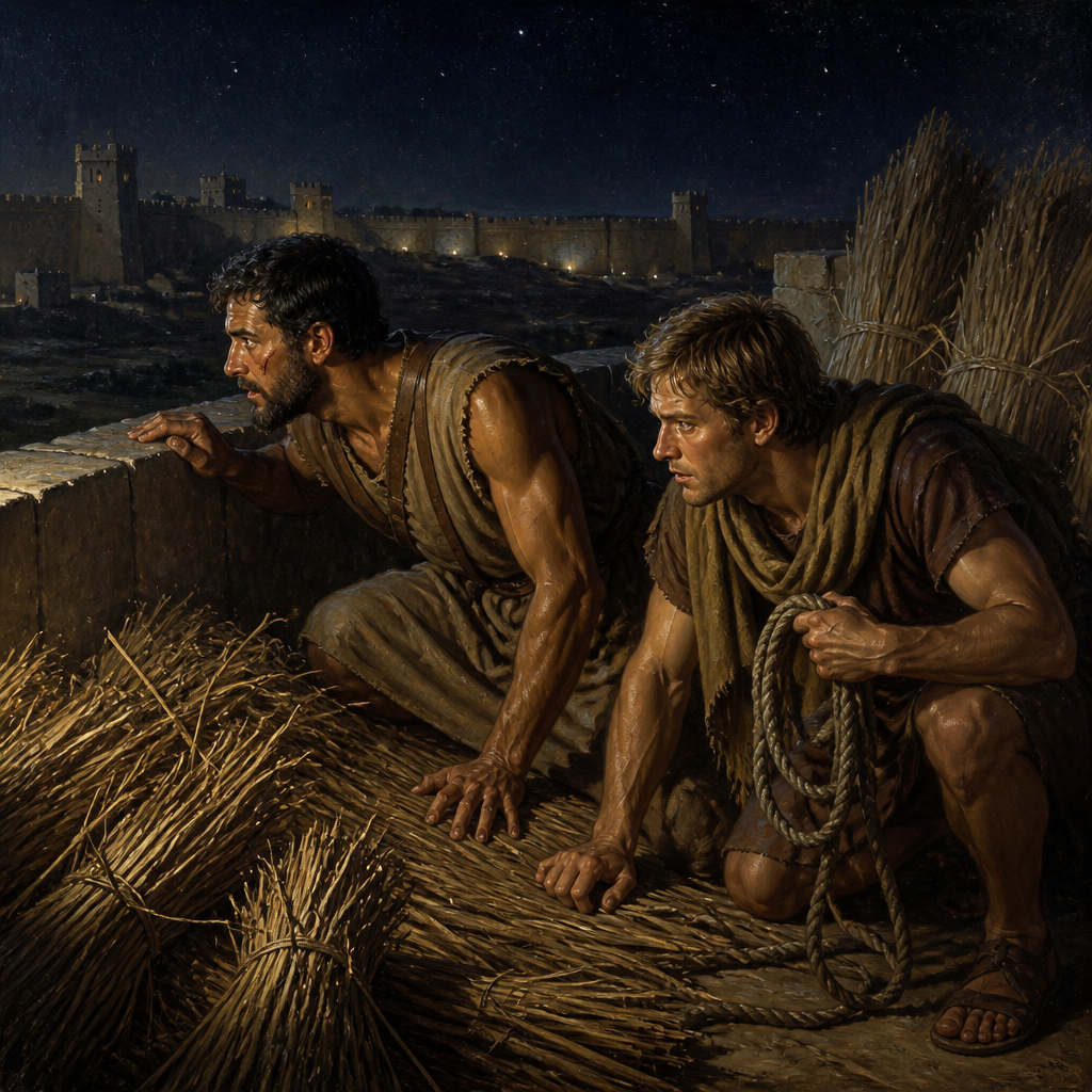 Oil-painting style scene of The Two Spies at Jericho, figures from the Bible