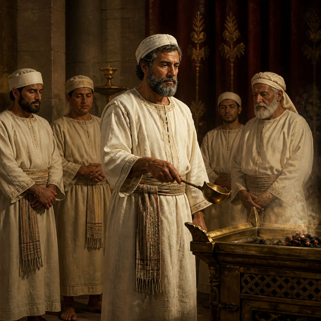 Oil-painting style scene of An Unnamed Priest of Eli’s Household, figures from the Bible