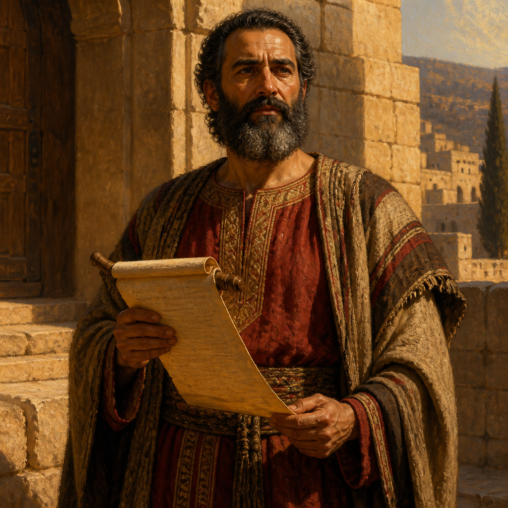 Oil-painting style portrait of Abdon, Son of Shashak, Benjaminite leader and son of Shashak listed in the genealogies of Jerusalem