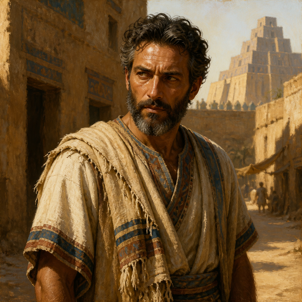 Oil-painting style portrait of Ahab, son of Kolaiah, False prophet in Babylon who was executed by fire