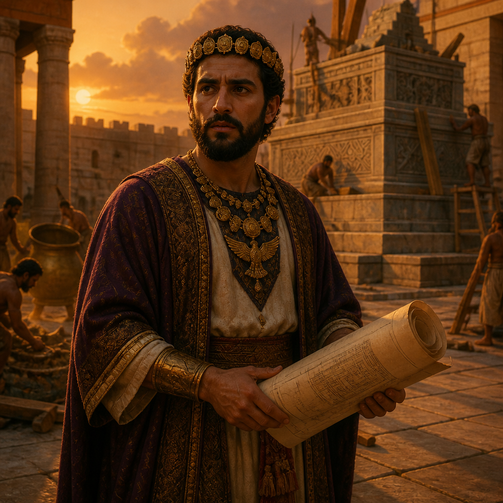 Oil-painting style portrait of Ahaz, King of Judah, King of Judah who practiced child sacrifice and replaced the Temple altar with a pagan design