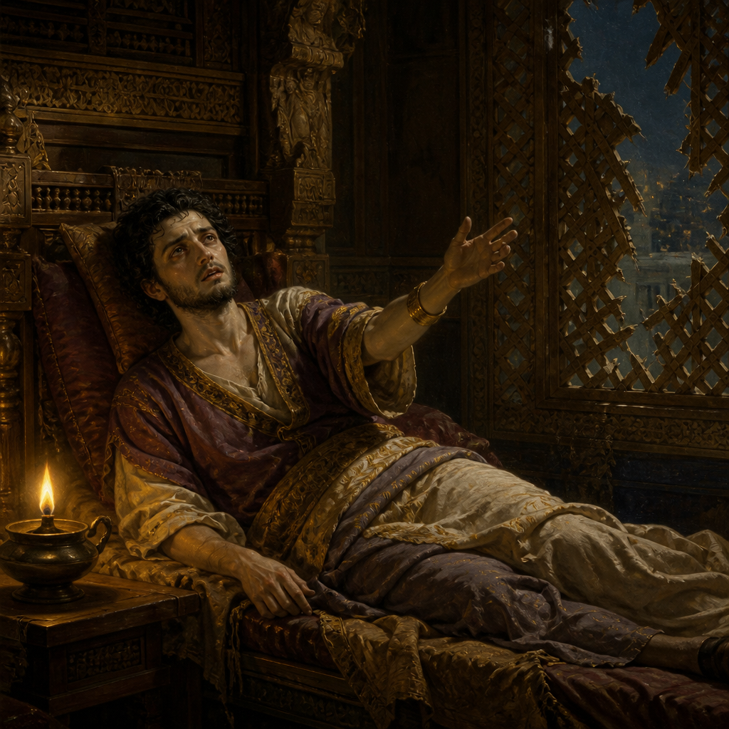 Oil-painting style portrait of Ahaziah, Son of Ahab, King of Israel who died after falling through a lattice and seeking counsel from Baal-Zebub
