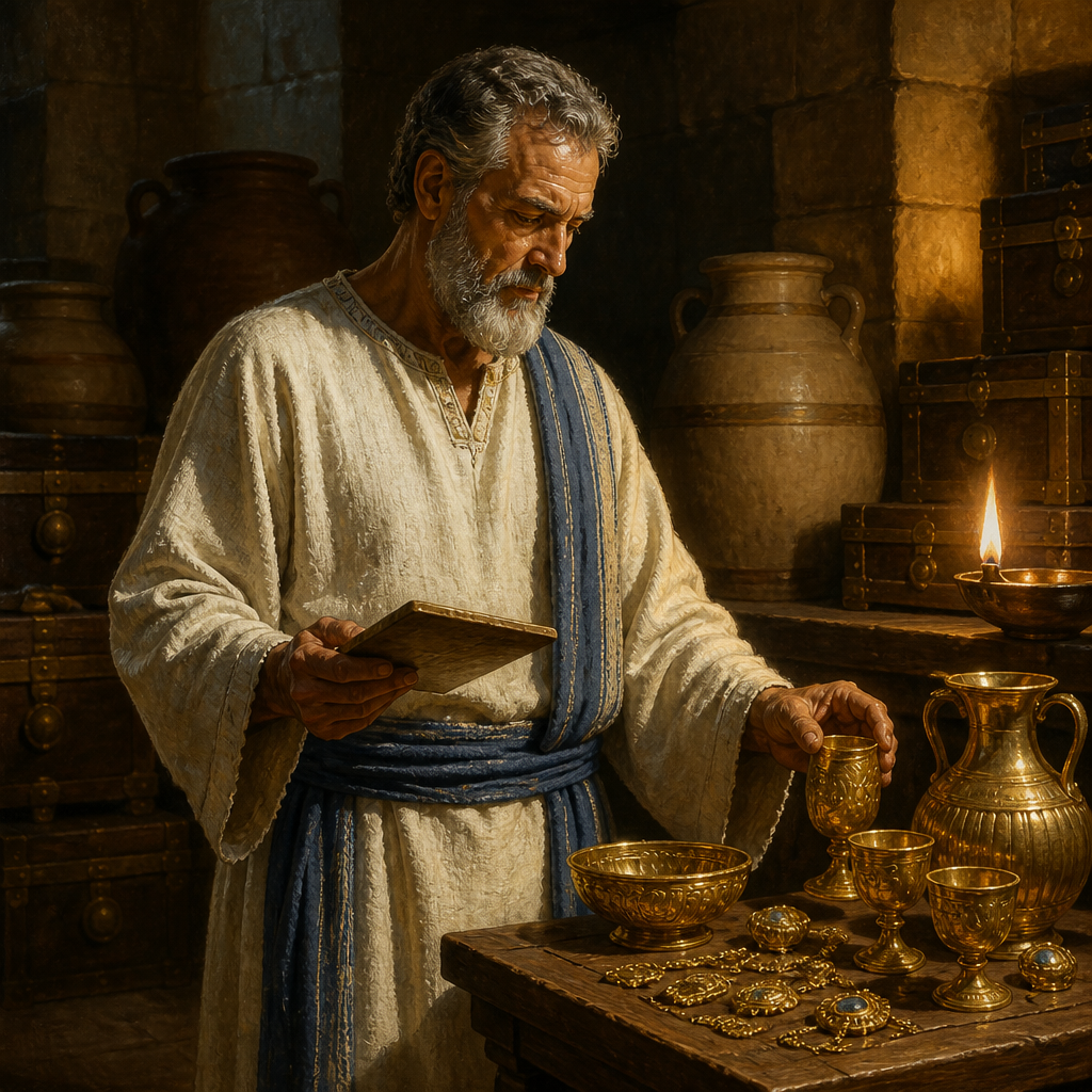 Oil-painting style portrait of Ahijah, Levite of the Divided Monarchy, Levite treasurer who managed the dedicated offerings and temple funds in the Divided Monarchy