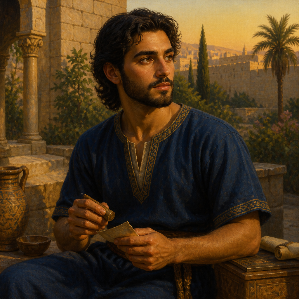 Oil-painting style portrait of Akkub, Son of Elioenai, Son of Elioenai and member of the Davidic royal lineage in the tribe of Judah
