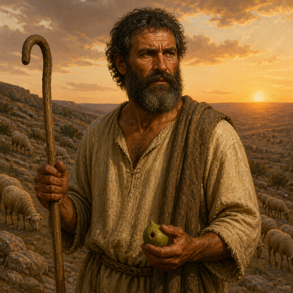 Oil-painting style portrait of Amos, Prophet of the Divided Monarchy, Prophet who championed social justice and warned the Northern Kingdom of judgment