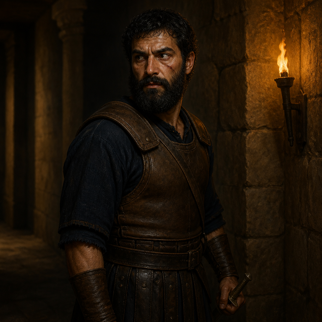 Oil-painting style portrait of Arieh, conspirator who assisted Pekah in the assassination of King Pekahiah