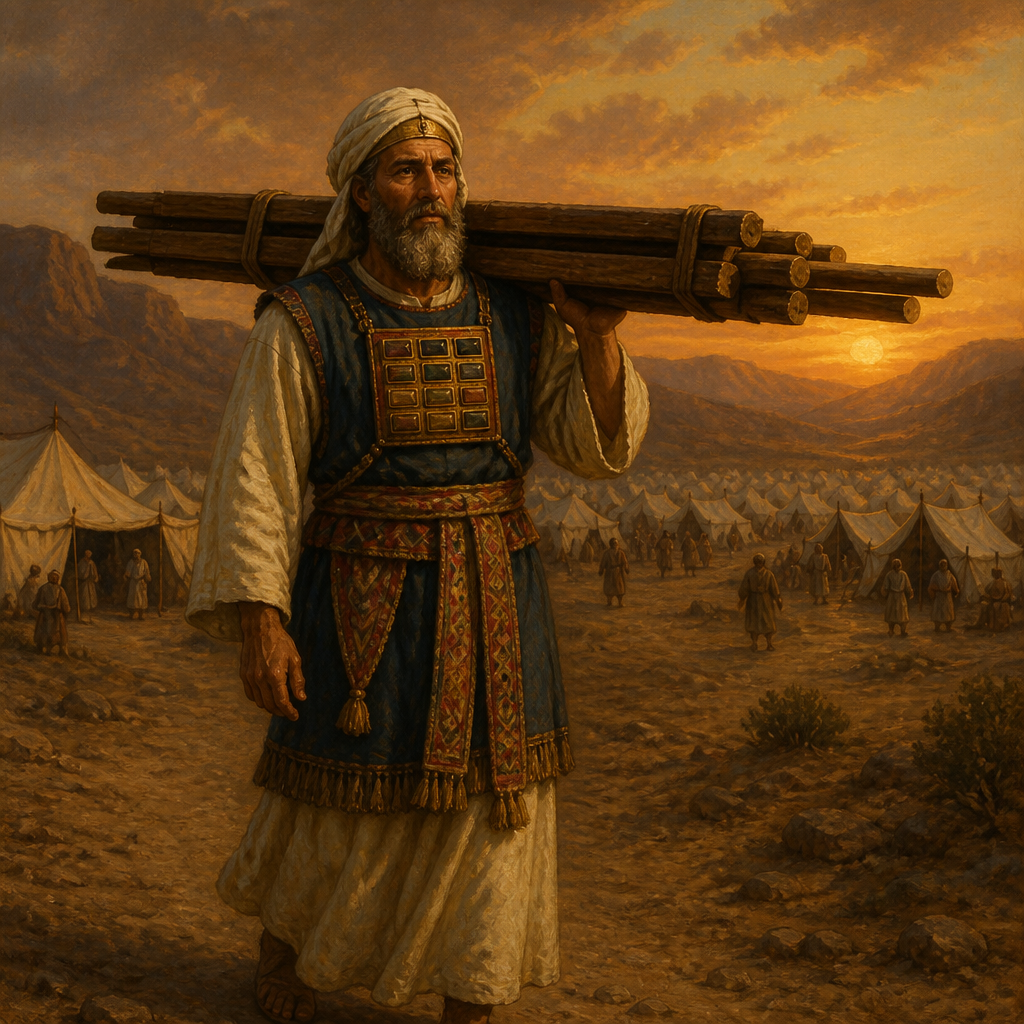 Oil-painting style portrait of Asaiah, Merarite chief, carrying the tabernacle's frames and poles