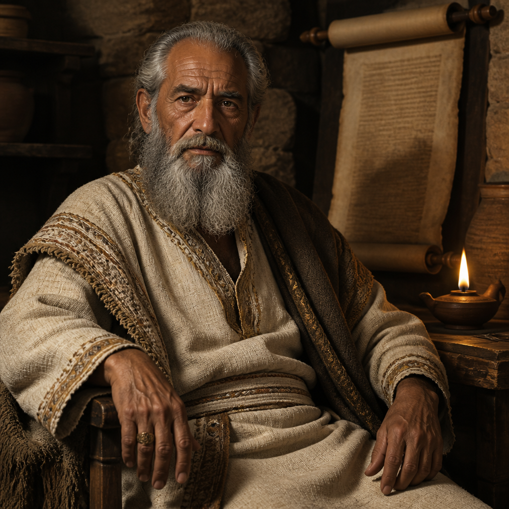 Oil-painting style portrait of Asaph, Father of Joah the Recorder, Father of Joah the recorder during the reign of King Hezekiah