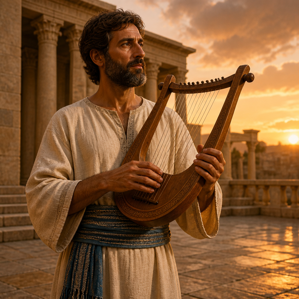 Oil-painting style portrait of Asharelah, Levite musician and son of Asaph who led the seventh division of sanctuary singers