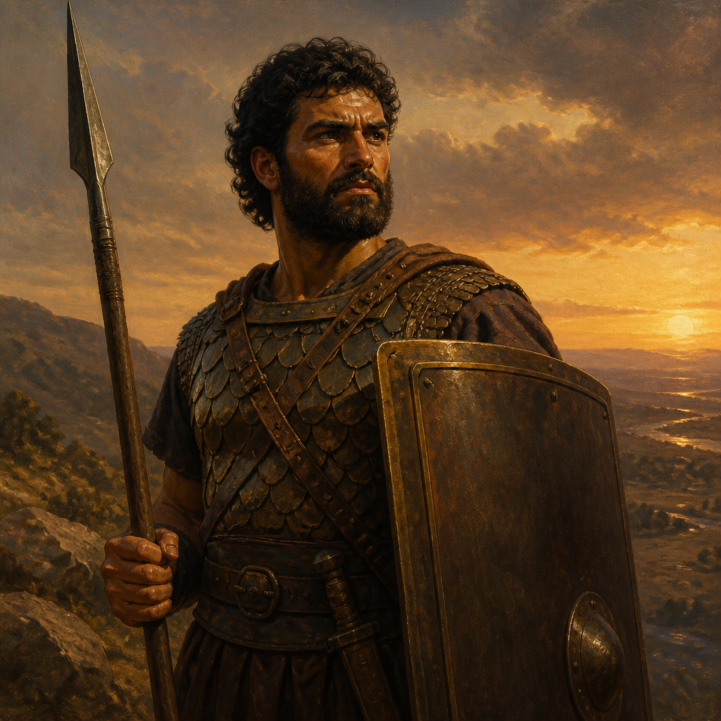 Oil-painting style portrait of Attai, Gadite Warrior of the Divided Monarchy, Gadite commander who joined David at Ziklag