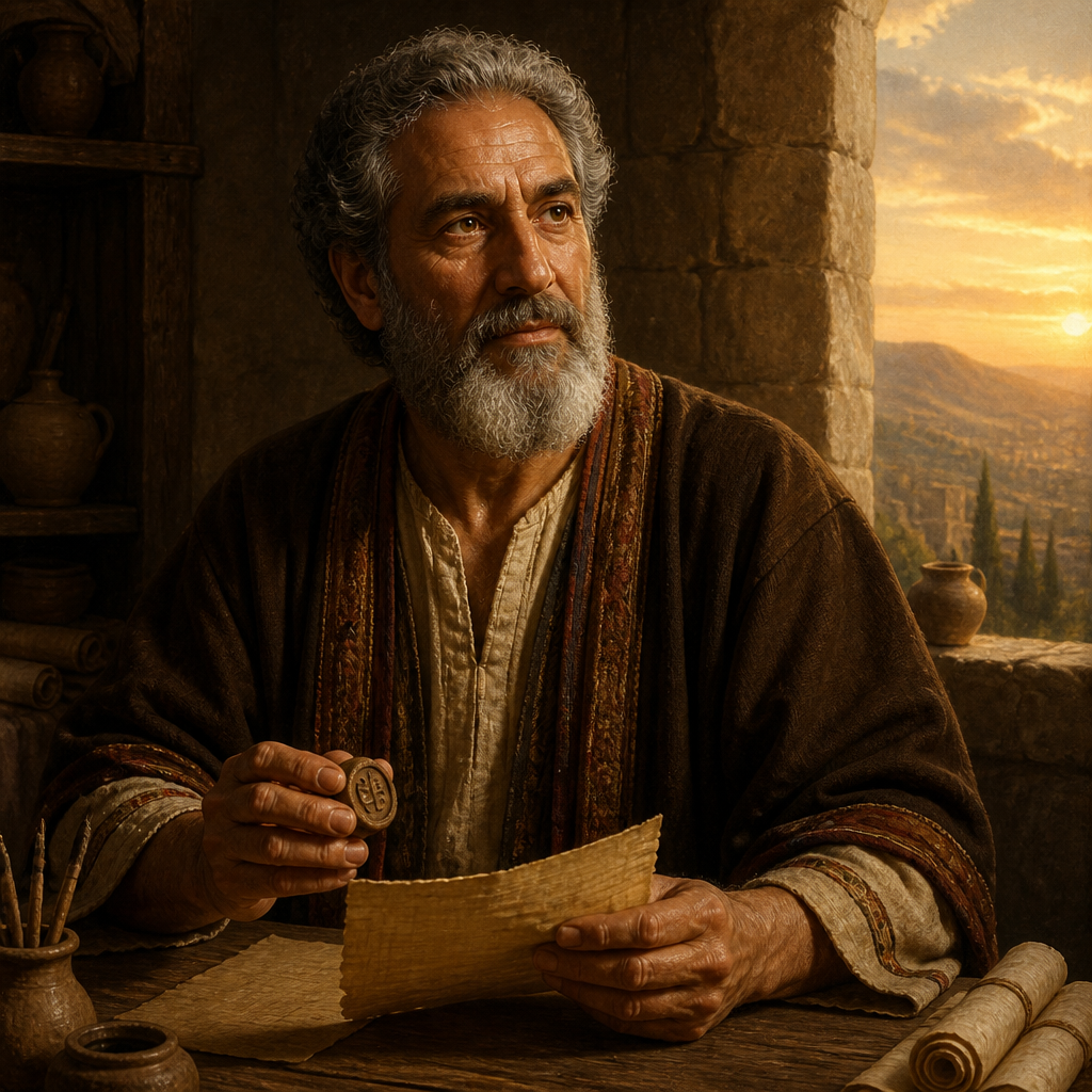 Oil-painting style portrait of Azaliah, father of Shaphan the scribe