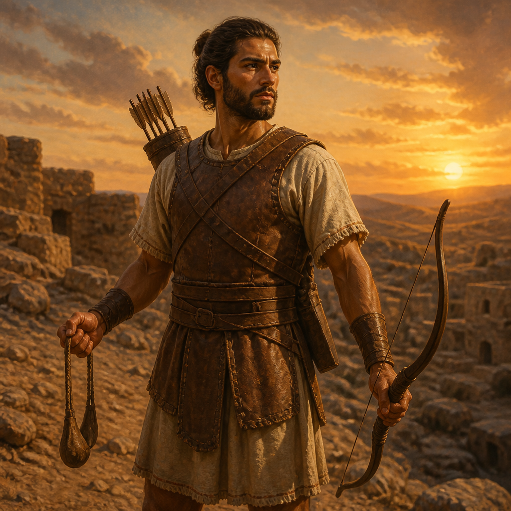 Oil-painting style portrait of Azarel, Korahite Warrior for David, Korahite warrior who joined David at Ziklag and was skilled in ambidextrous combat