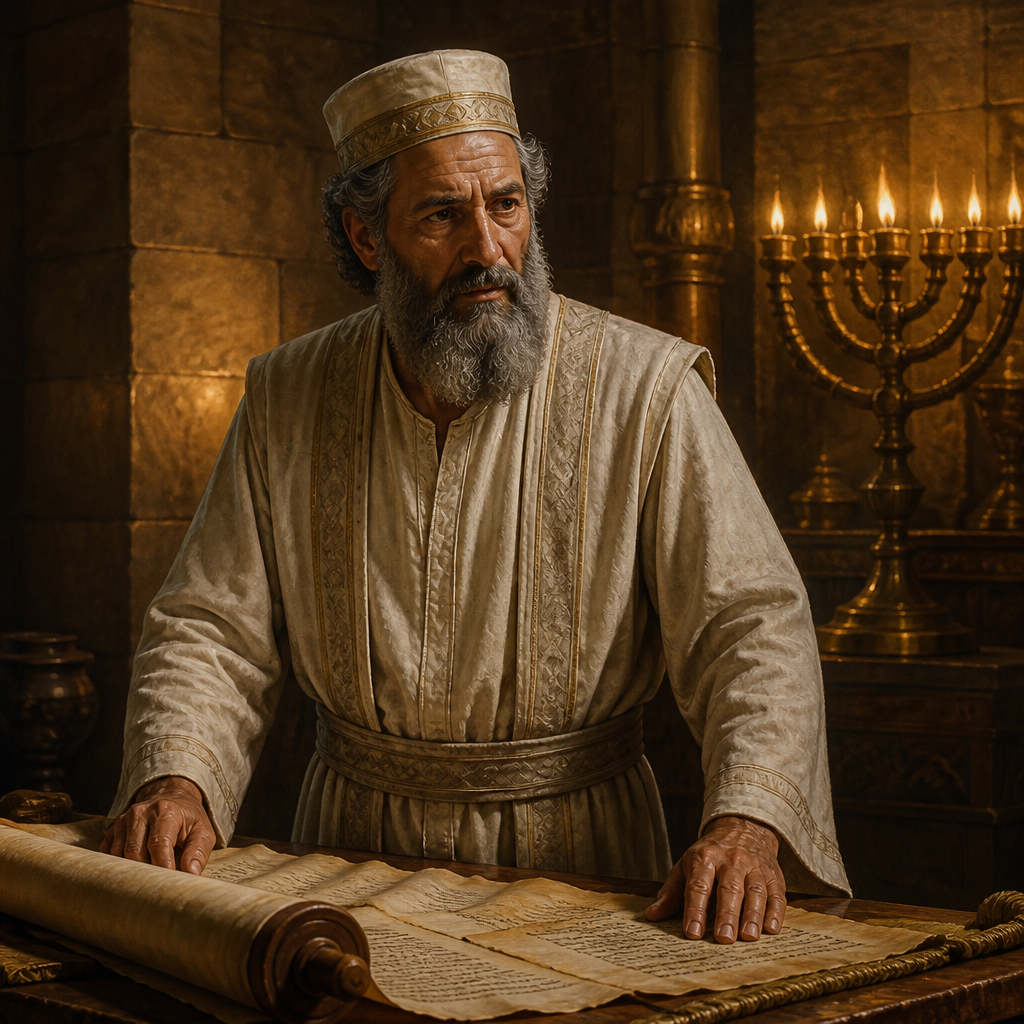 Oil-painting style portrait of Azariah, High Priest of the Divided Monarchy, Chief official of God's temple and father of the Chief Priest Seraiah