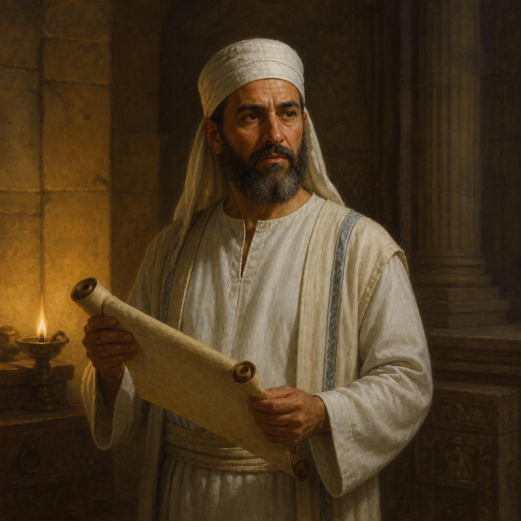 Oil-painting style portrait of Azariah, Son of Johanan, Levite priest in the line of Zadok and ancestor of Ezra the Scribe