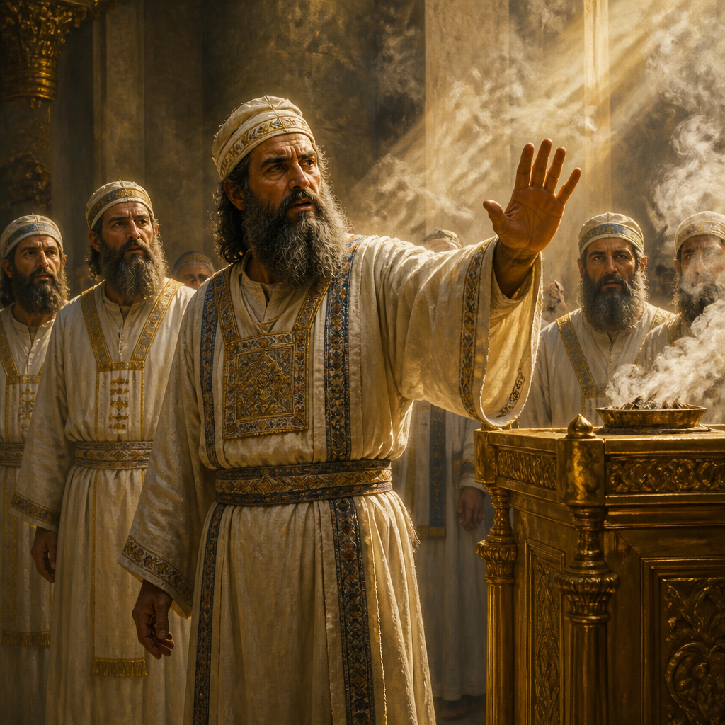 Oil-painting style scene of Azariah, Chief Priest of the Divided Monarchy, figures from the Bible