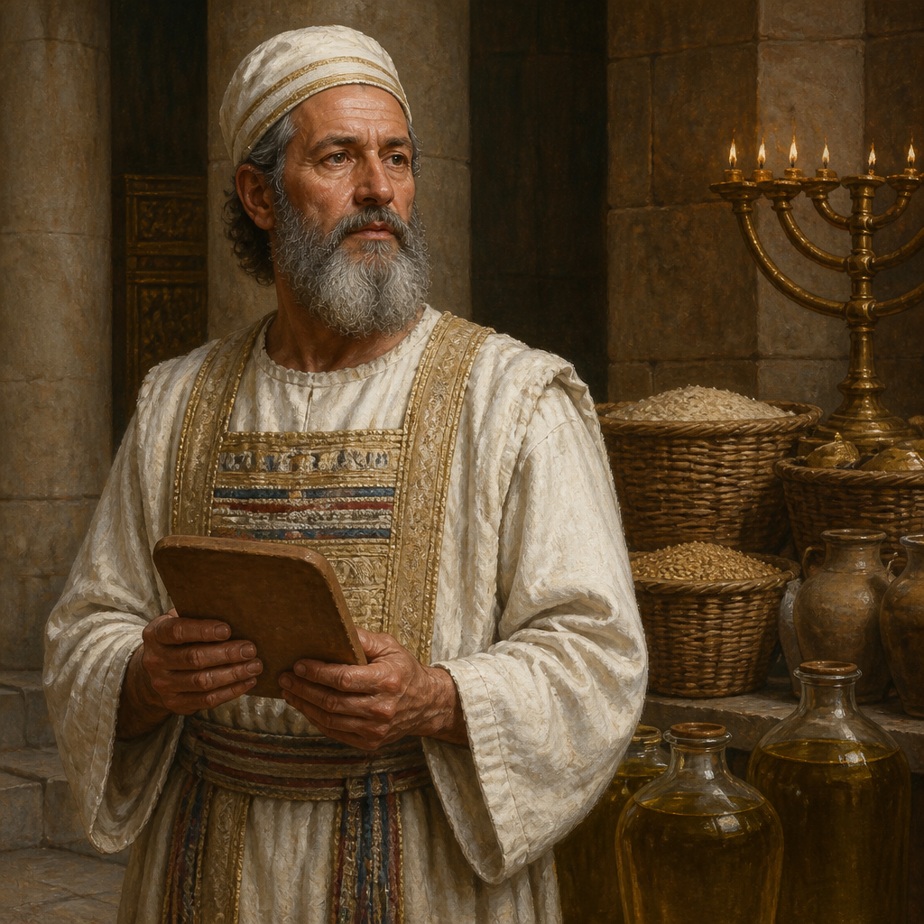 Oil-painting style portrait of Azariah, Chief Priest of the Zadokite Lineage, Chief priest of the Zadokite line who oversaw the Temple storehouses during King Hezekiah's reforms