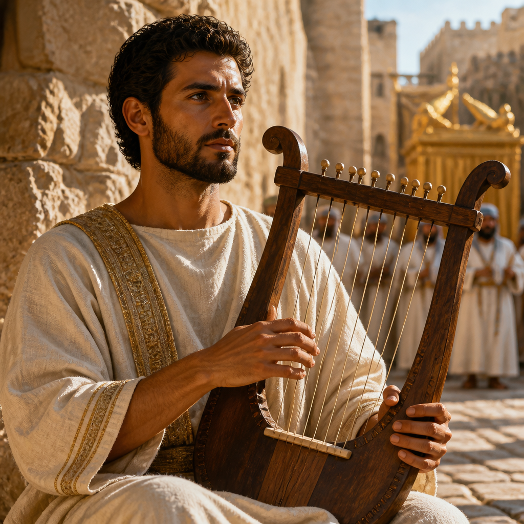 Oil-painting style portrait of Azaziah, Lyre Player of the Divided Monarchy, Musician who played the lyre during the transport of the Ark of the Covenant