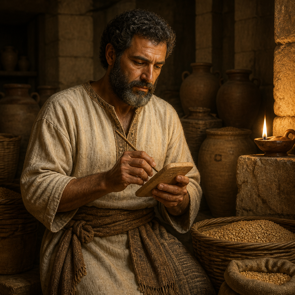 Oil-painting style portrait of Azaziah, Overseer of the Temple Storehouses, Temple official who oversaw the tithes and offerings during King Hezekiah's reforms