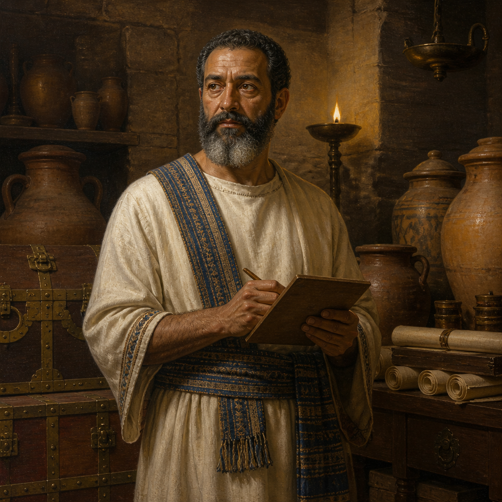 Oil-painting style portrait of Azmaveth, son of Adiel, Official in charge of King David's royal storehouses