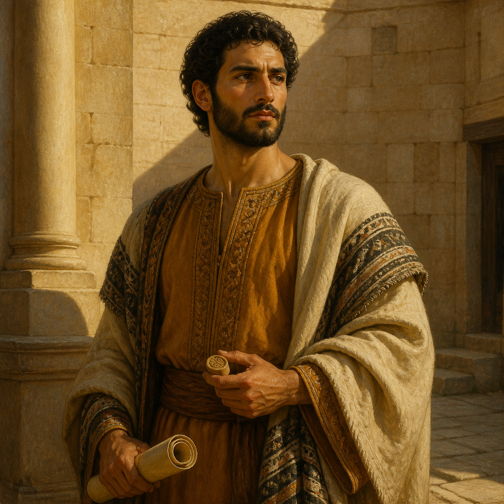 Oil-painting style portrait of Azmaveth, Descendant of Saul, Descendant of King Saul listed in the Benjaminite genealogies of Chronicles