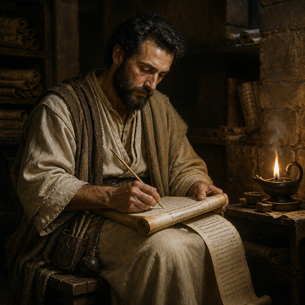 Oil-painting style portrait of Baruch, Scribe of Jeremiah, Scribe of the prophet Jeremiah who transcribed and publicly read the prophetic scrolls