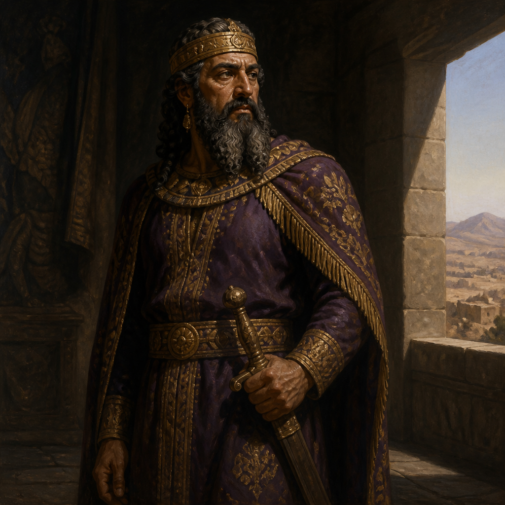 Oil-painting style portrait of Ben-hadad, son of Hazael, King of Aram who lost Syrian-held Israelite cities to King Jehoash