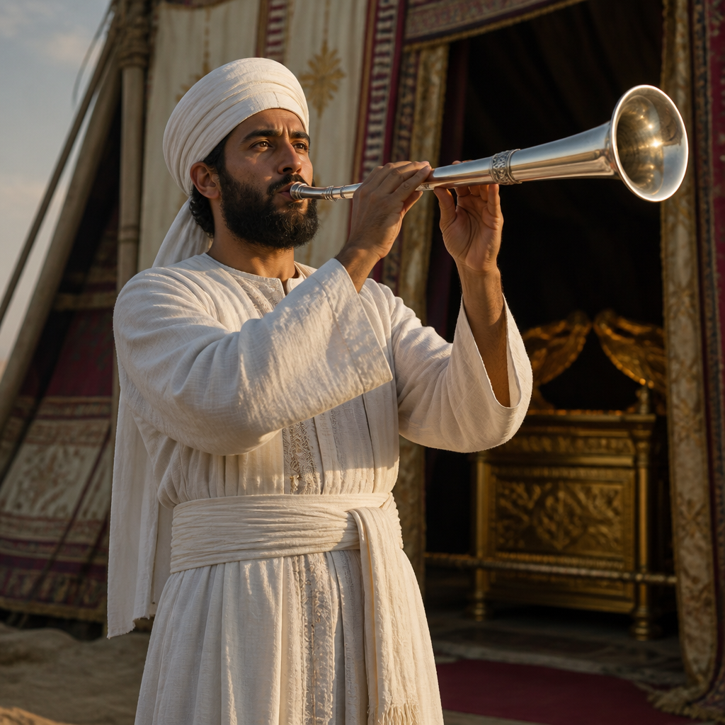 Oil-painting style portrait of Benaiah, Priest of the Divided Monarchy, Priest who blew the trumpet regularly before the ark of the covenant
