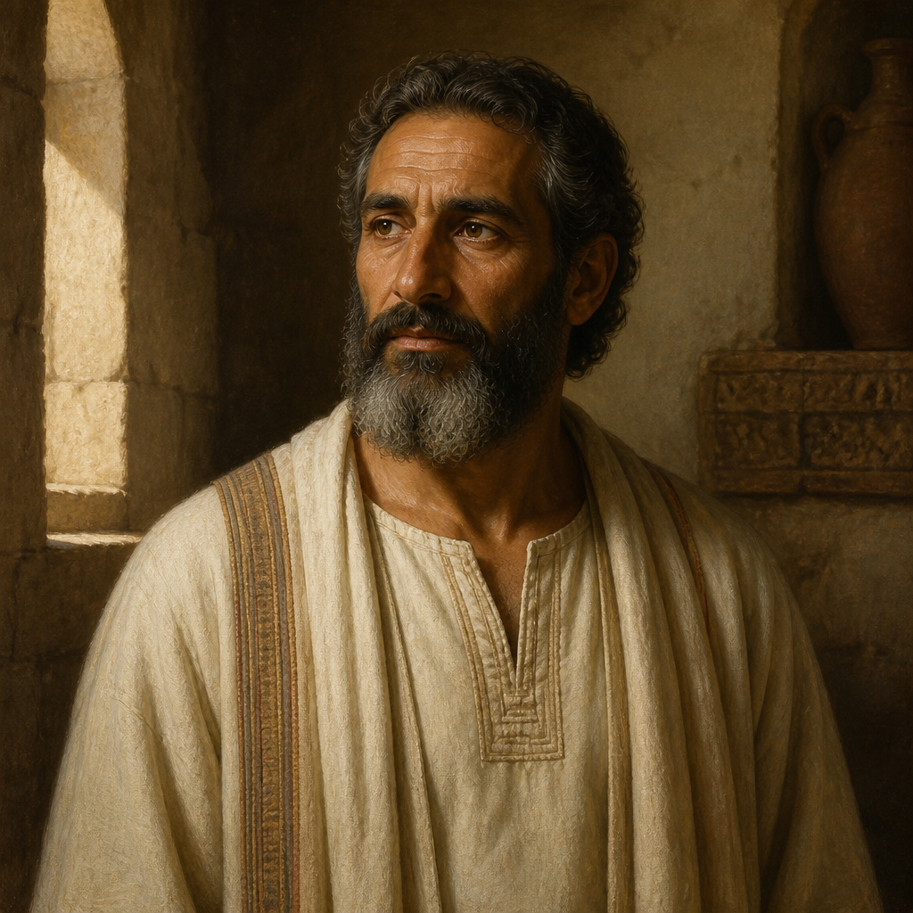 Oil-painting style portrait of Benaiah, Ancestor of Jahaziel, Levite descendant of Asaph and grandfather of the prophet Jahaziel