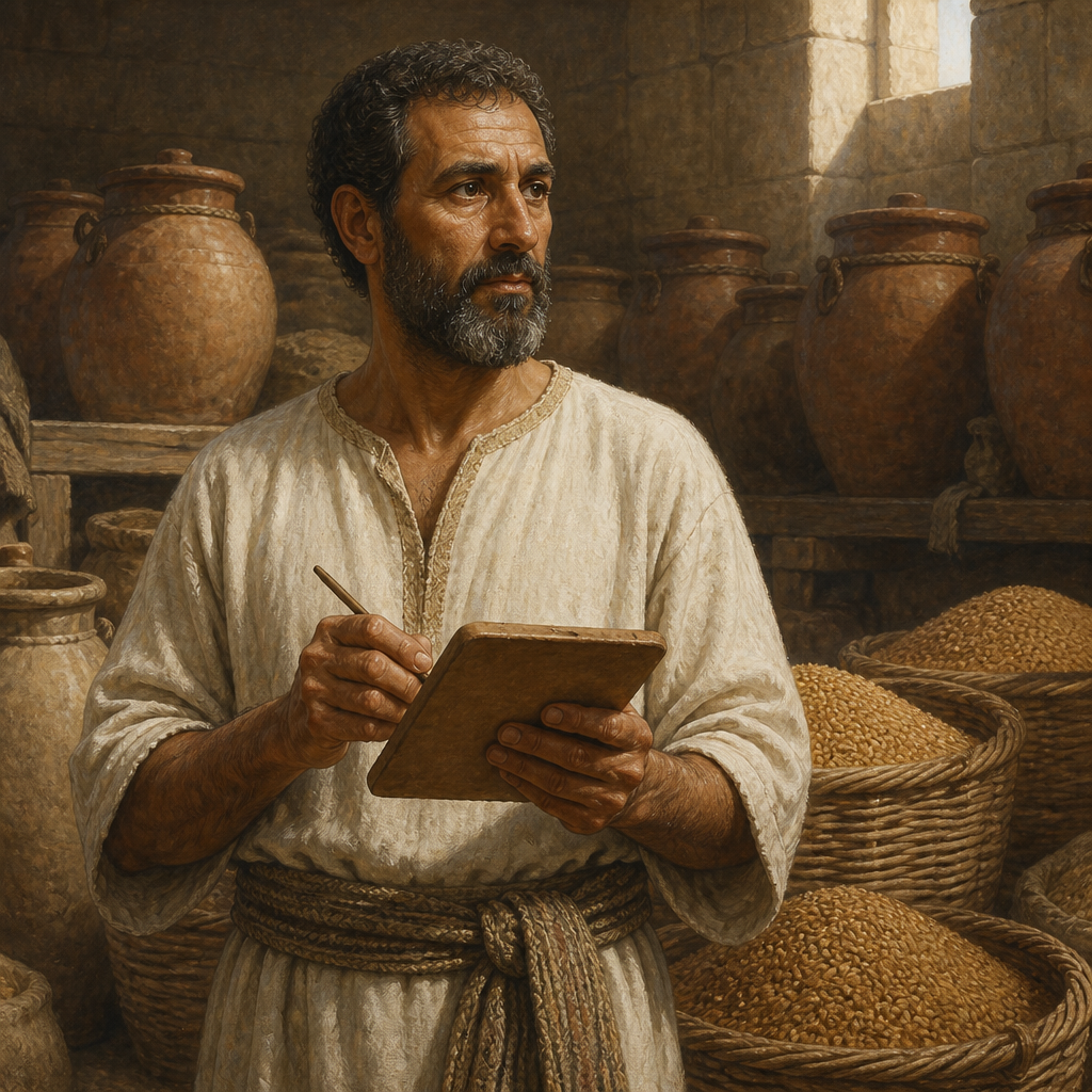 Oil-painting style portrait of Benaiah, Overseer under Hezekiah, Overseer of tithes and offerings under King Hezekiah