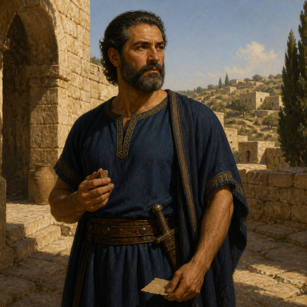 Oil-painting style portrait of Benjamin, Son of Bilhan, Descendant of Jediael and son of Bilhan mentioned in the tribal genealogies