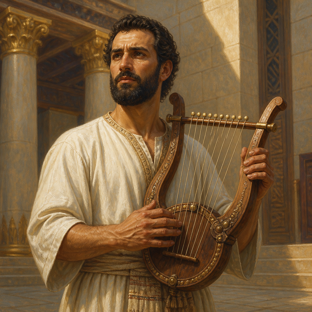 Oil-painting style portrait of Bukkiah, Levite musician and son of Heman who led the sixth division of temple singers