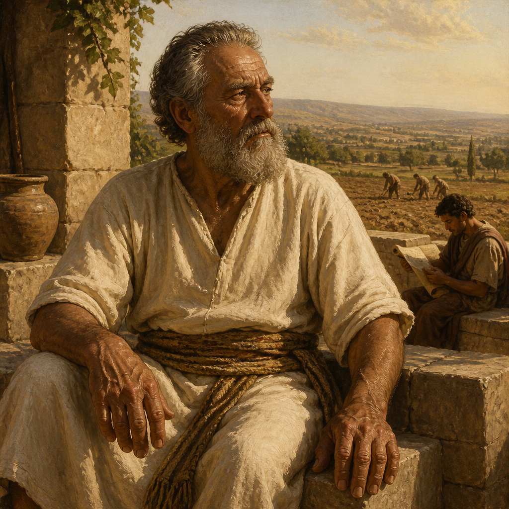 Oil-painting style portrait of Chelub, Father of Ezri, father of Ezri who supervised David's agricultural workers