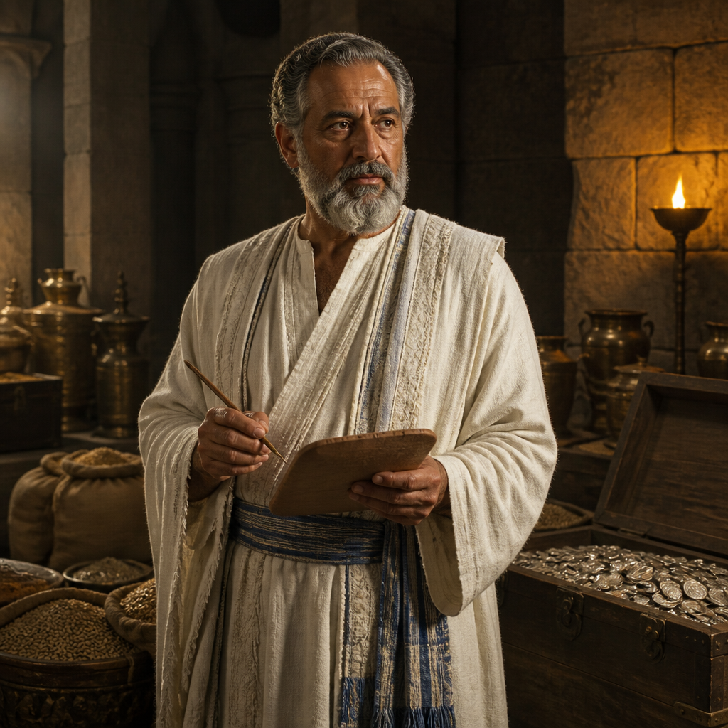 Oil-painting style portrait of Conaniah, Levite officer who managed temple tithes under Hezekiah and donated livestock for Josiah’s Passover