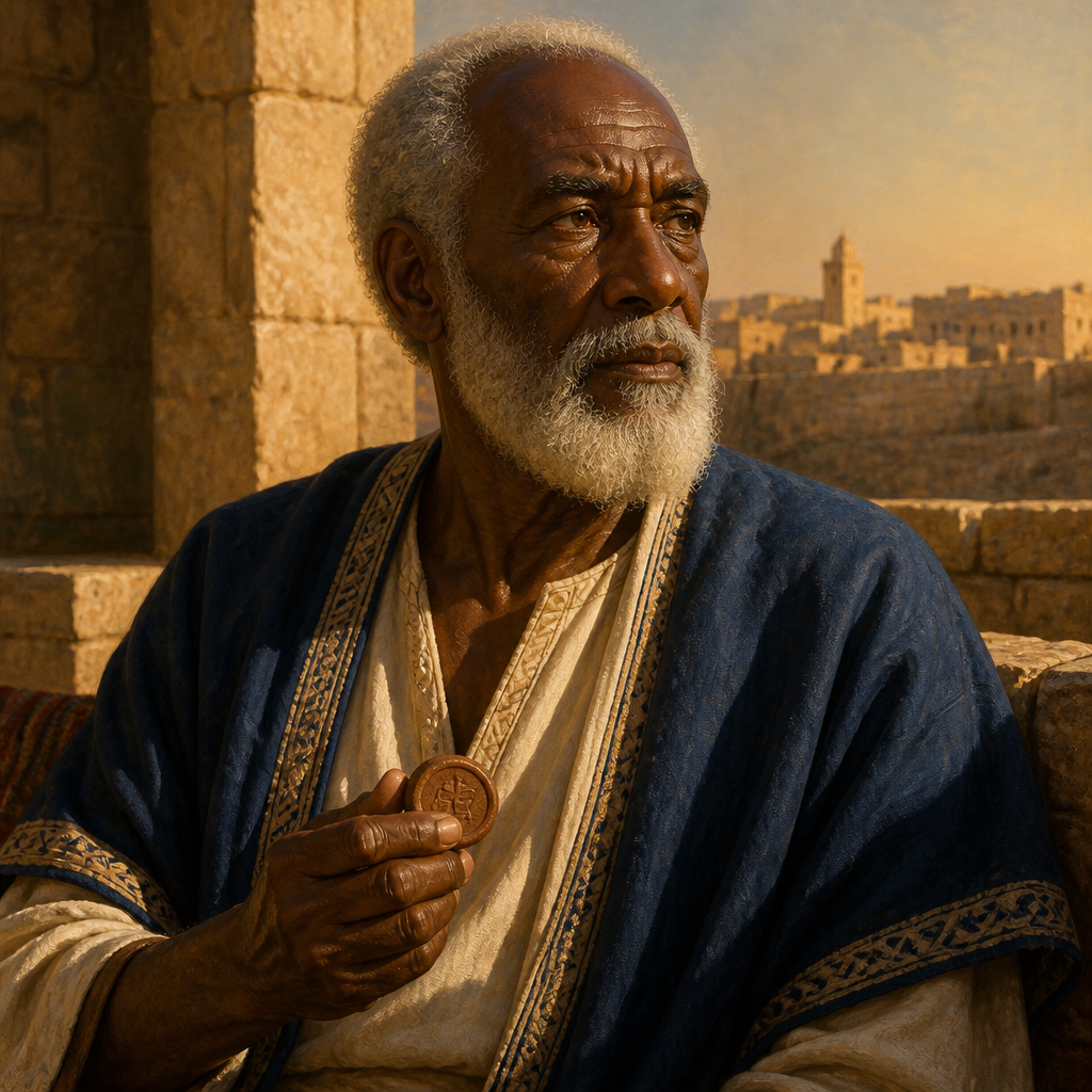 Oil-painting style portrait of Cushi, Great-Grandfather of Jehudi, Patriarch of a family of Judean officials mentioned in the book of Jeremiah
