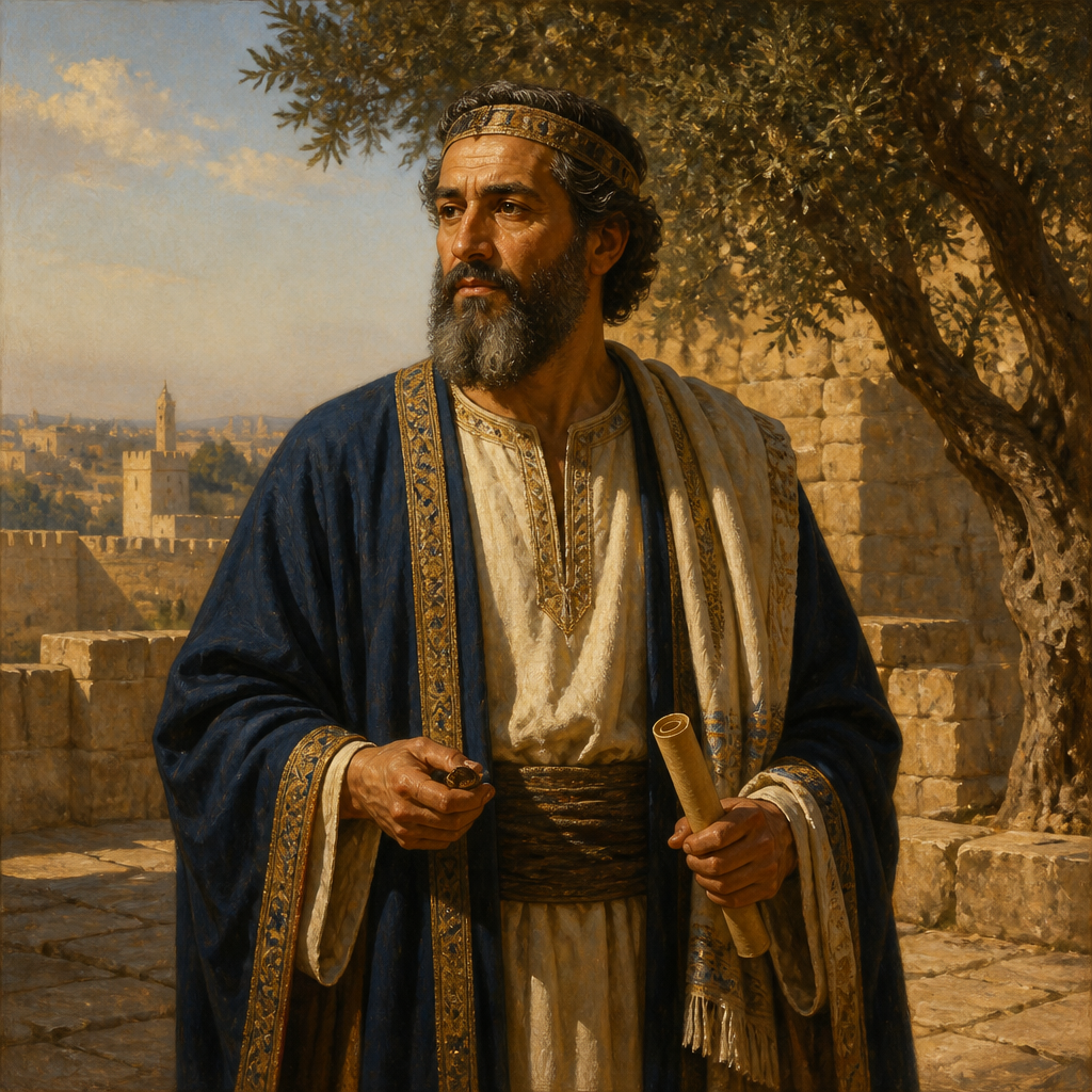Oil-painting style portrait of Cushi, Father of the Prophet Zephaniah, Father of the prophet Zephaniah and descendant of Hezekiah