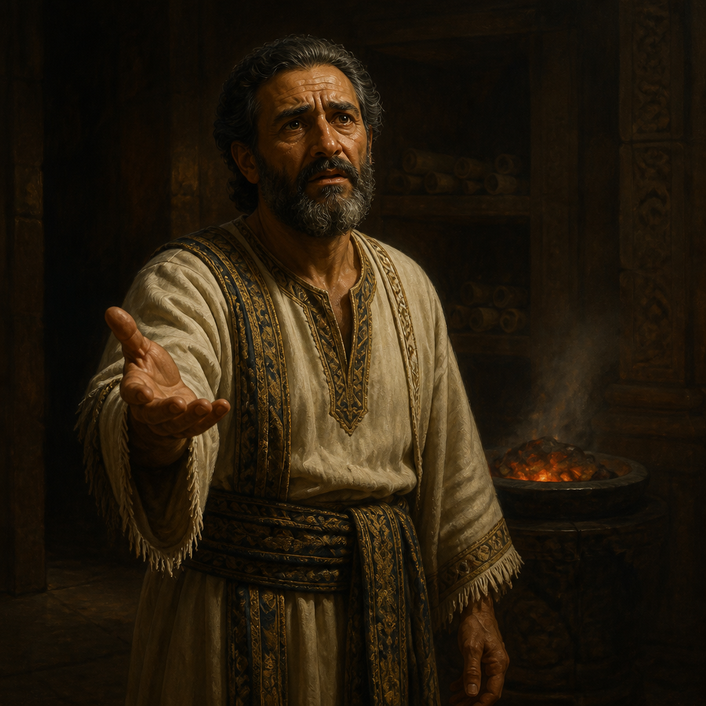Oil-painting style portrait of Delaiah, Official of King Jehoiakim, official who pleaded with King Jehoiakim not to burn Jeremiah's scroll