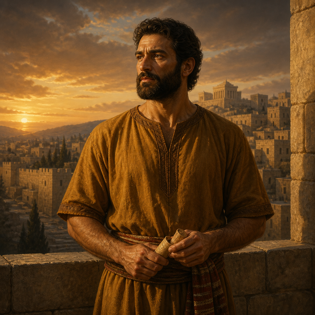 Oil-painting style portrait of Eber, Son of Shashak, Benjamite leader and son of Shashak listed in the genealogical records of Jerusalem