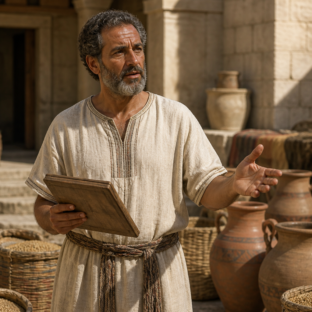 Oil-painting style portrait of Eden, Assistant of Kore, Levite official who faithfully distributed portions to priests during King Hezekiah's reign