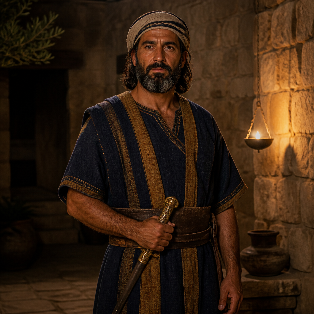 Oil-painting style portrait of Ehud, Son of Bilhan, Benjamite leader and son of Bilhan mentioned in the genealogies of 1 Chronicles
