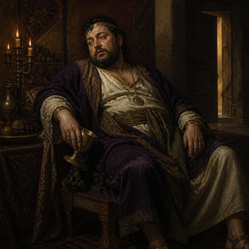 Oil-painting style portrait of Elah, Son of Baasha, King of Israel who was assassinated by Zimri while drinking at the house of his steward