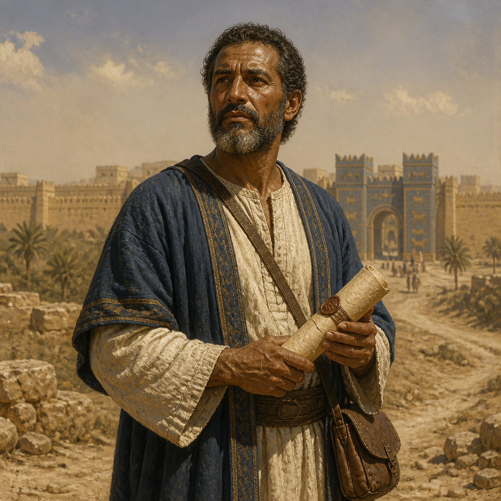 Oil-painting style portrait of Elasah, Son of Shaphan, Royal envoy who delivered Jeremiah's letter to the exiles in Babylon