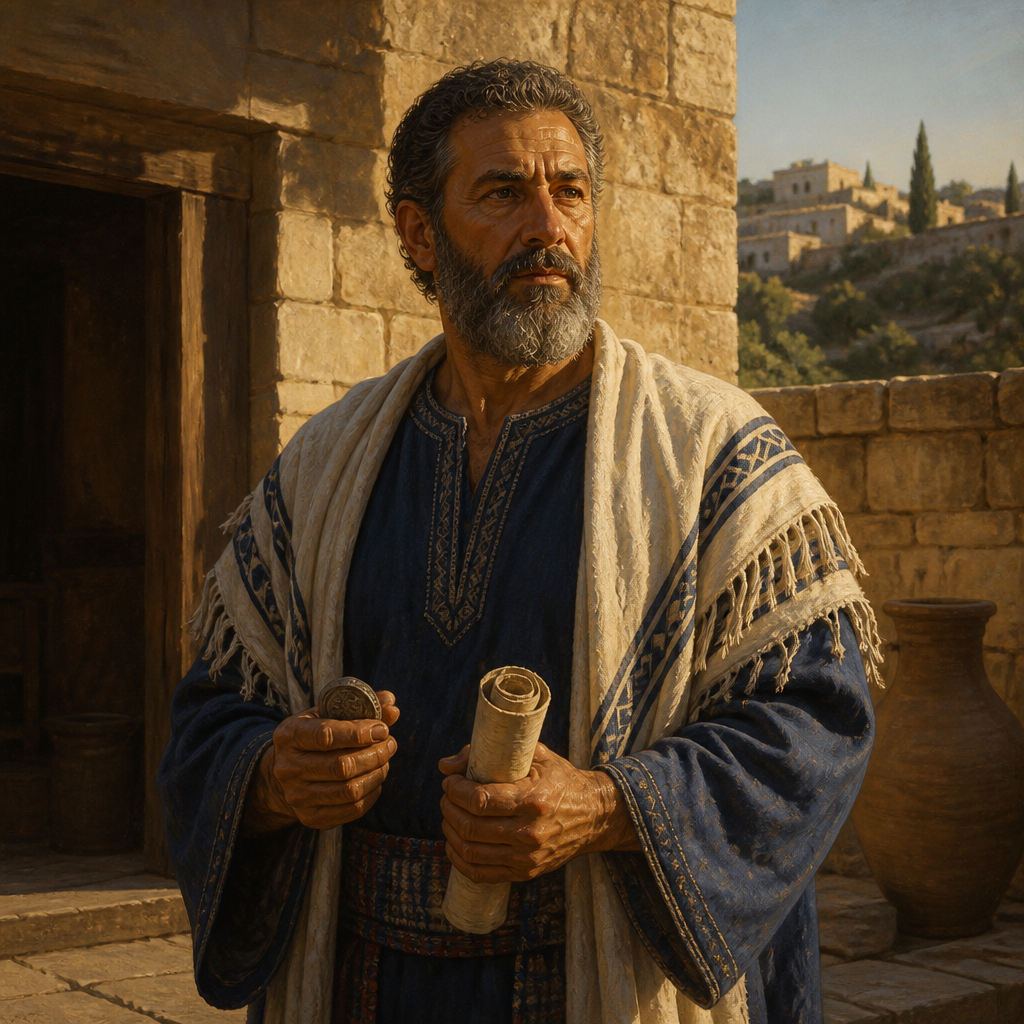 Oil-painting style portrait of Eleasah, Descendant of Saul, Benjamite descendant of King Saul through Jonathan and father of Ulam