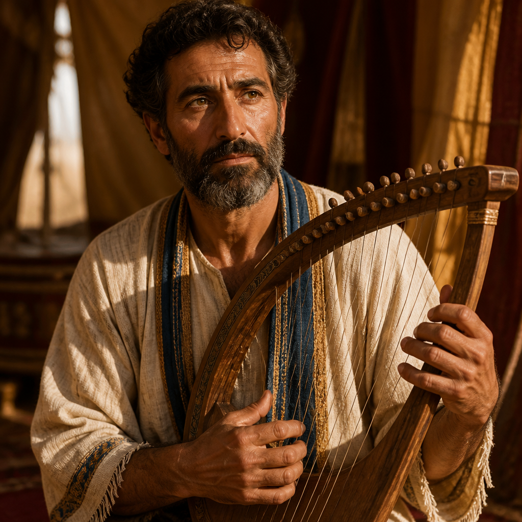 Oil-painting style portrait of Eliab, Levite Musician of the Divided Monarchy, Levite musician who played the harp according to Alamoth during the transport of the Ark of the Covenant