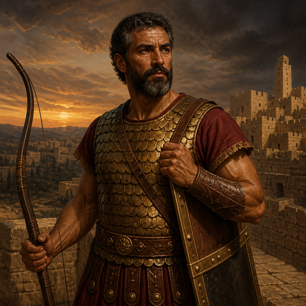 Oil-painting style portrait of Eliada, Commander of the Divided Monarchy, Mighty man of valor who commanded 200,000 Benjamite archers under King Jehoshaphat