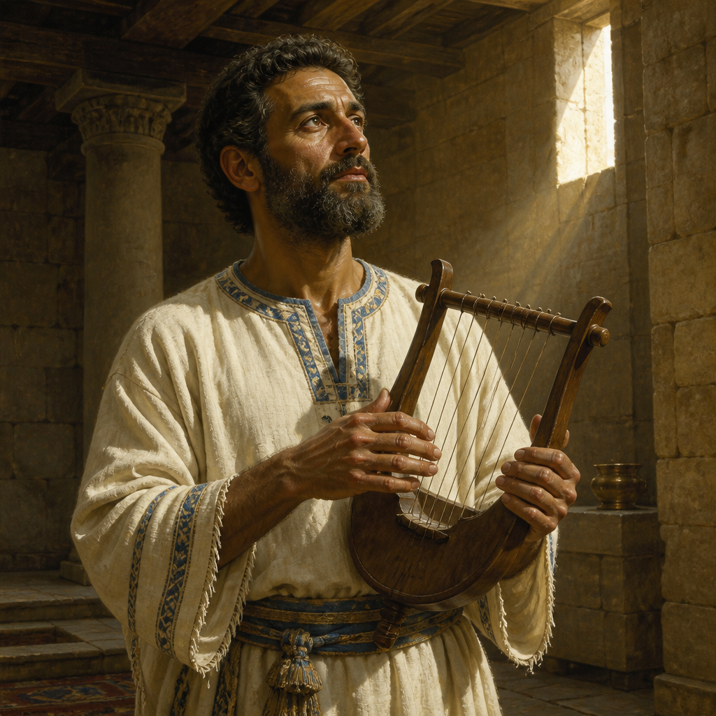 Oil-painting style portrait of Eliathah, Levite musician and son of Heman who was appointed to the twentieth division of singers