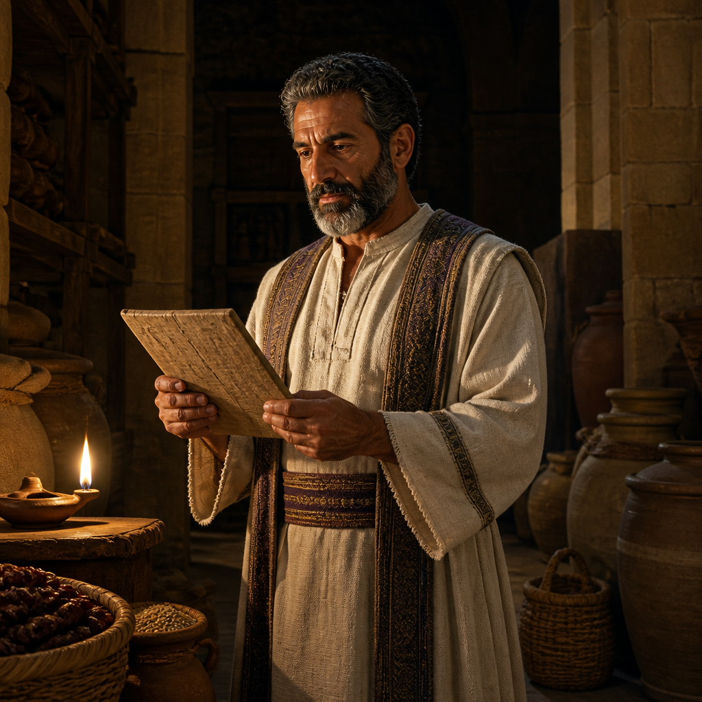 Oil-painting style portrait of Eliel, Overseer under Hezekiah, Temple overseer who managed tithes and offerings under King Hezekiah